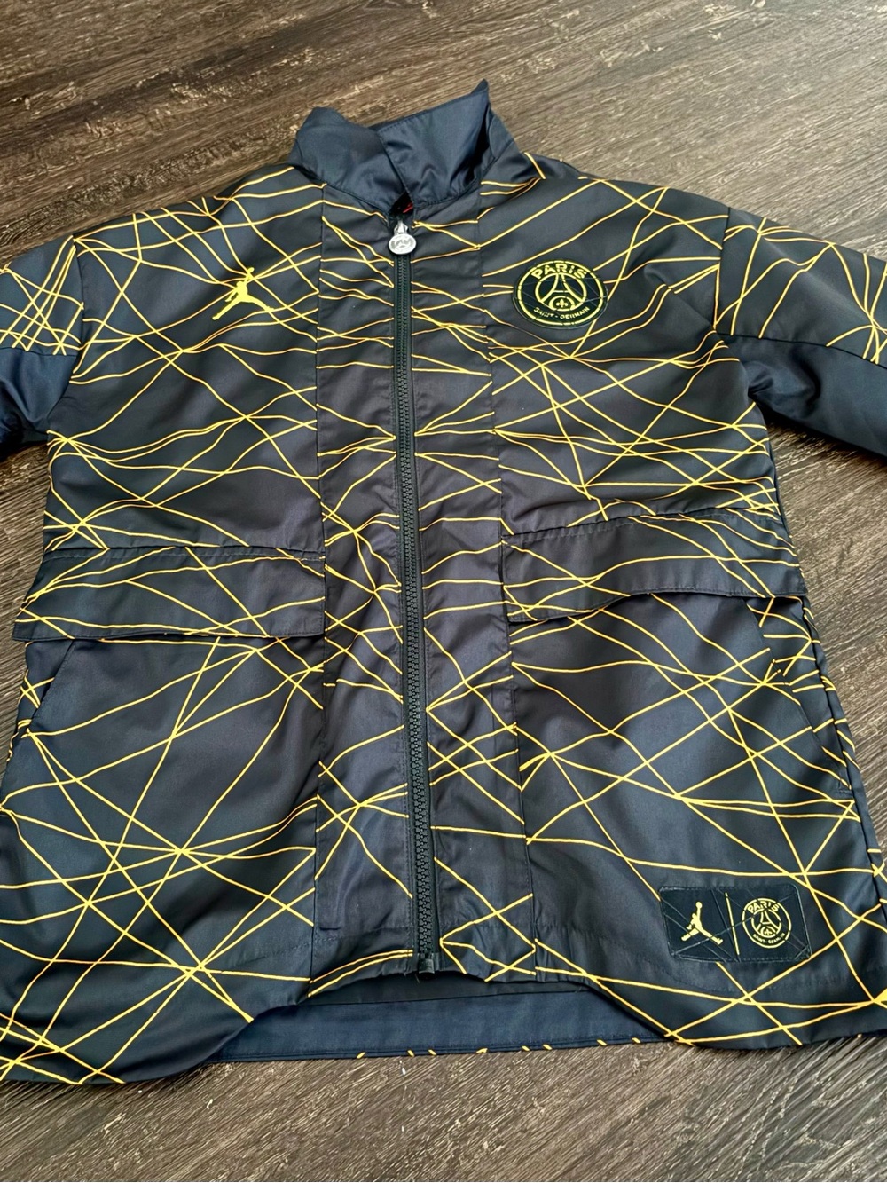 Jordan Black and Yellow Kids Rain Jacket with PSG and Jumpman Logos